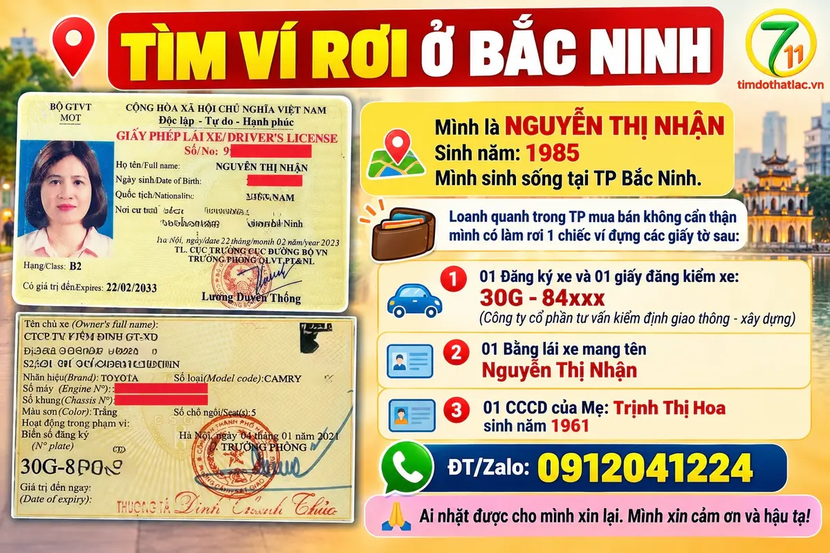 Rơi ví ở Bắc Ninh tên Nguyễn Thị Nhận 1985
