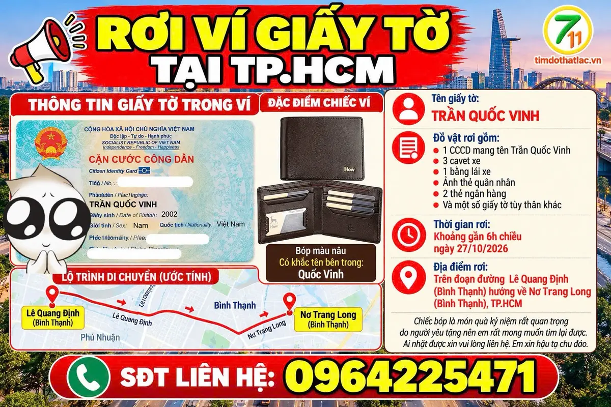🆘 RƠI VÍ GIẤY TỜ Ở TPHCM TÊN TRẦN QUỐC VINH
