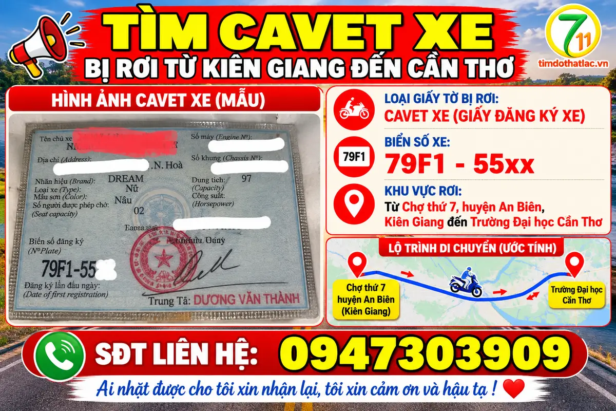 🆘 TÌM CAVET XE bị rơi từ Kiên Giang đến Cần Thơ