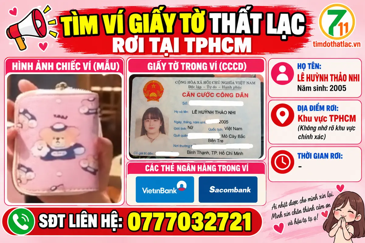 📌 rơi ví tại TPHCM tên Lê Huỳnh Thảo Nhi 2005