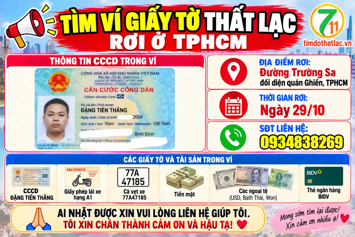 🆘 TÌM VÍ GIẤY TỜ RƠI Ở TPHCM TÊN ĐẶNG TIẾN THẮNG 2004