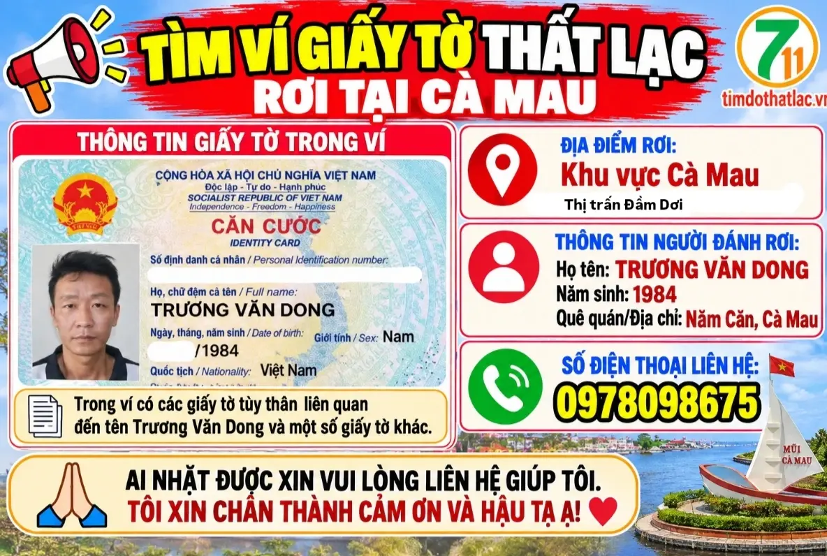 📌 rơi ví tại Cà Mau tên Trương Văn Dong 1984
