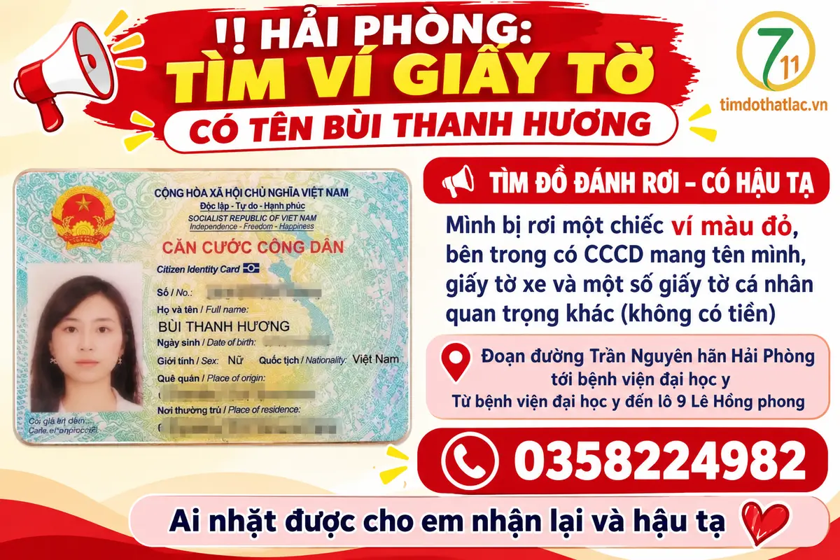‼️Hải Phòng: Tìm ví giấy tờ có tên Bùi Thanh Hương